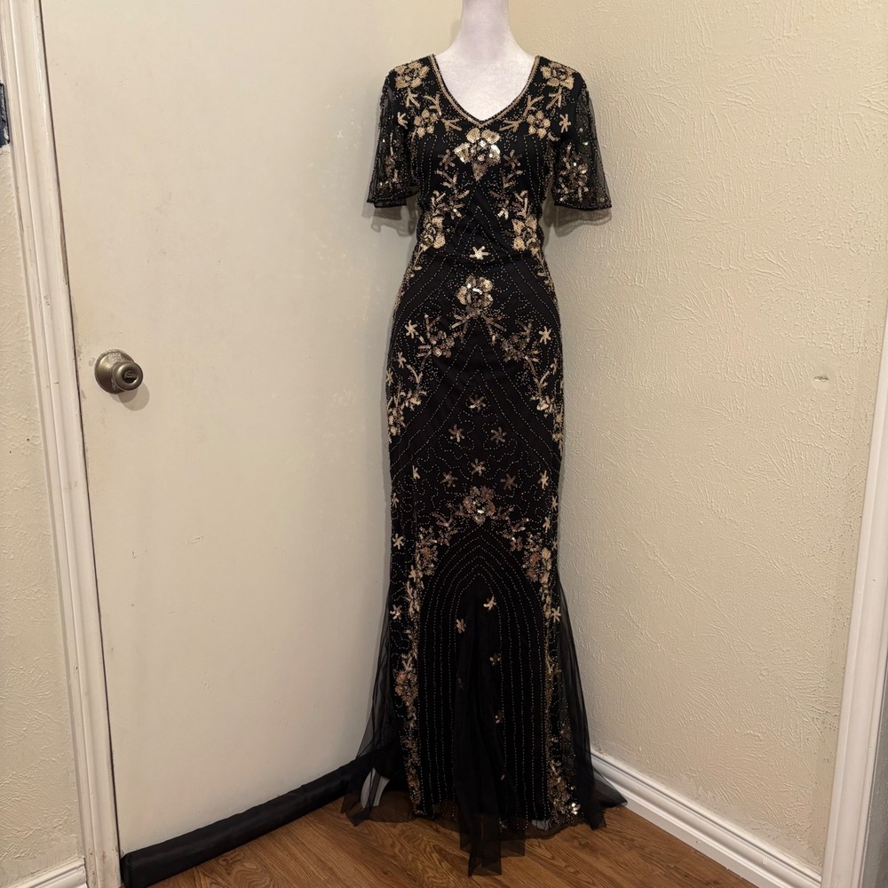 Fundaisy Black Gold Sequin Beaded Mermaid Gown V-Neck Floor Length Dress M